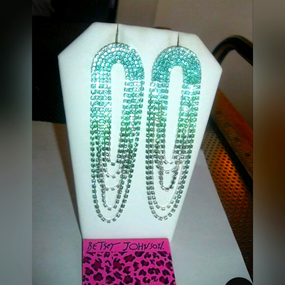 NWT, BETSEY JOHNSON OMBRE BLUEGREEN 4" SILVER EARRINGS